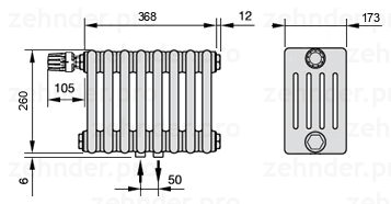 Схема (чертеж) Радиатор Zehnder Charleston 5026/8 №V007 Белый глянцевый RAL 9016